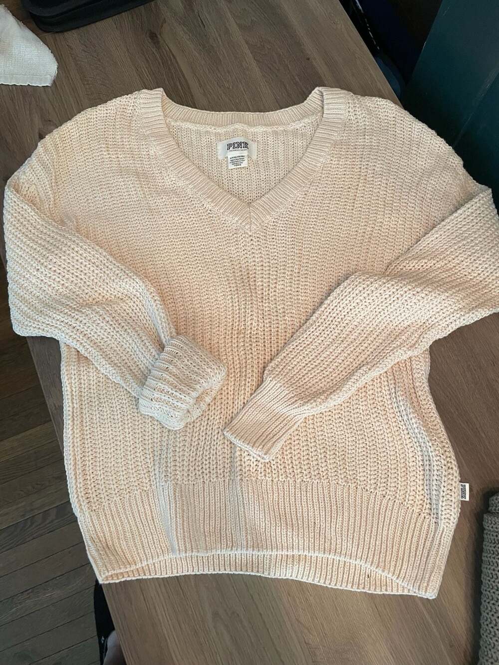 NWOT Victoria's Secret PINK Beige Cotton V-Neck Oversized Knit Sweater